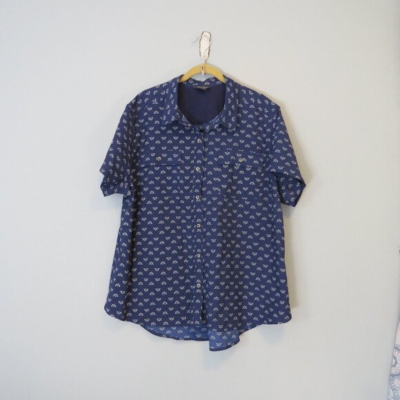 Eddie Bauer Navy & White Short Sleeve Button Up Sun Sunset Sunrise Print Top XXL - Picture 1 of 10